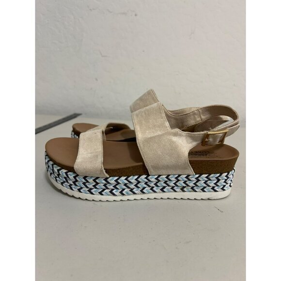 Skechers Luxe Foam Sz 8 Beige Blue Platform Espadrille Velcro Faux Buckle Entry - Picture 3 of 8